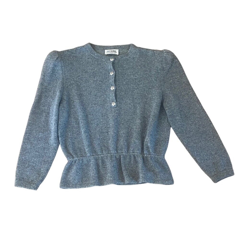 St. John Slate Blue Metallic Peplum Crew Sweater